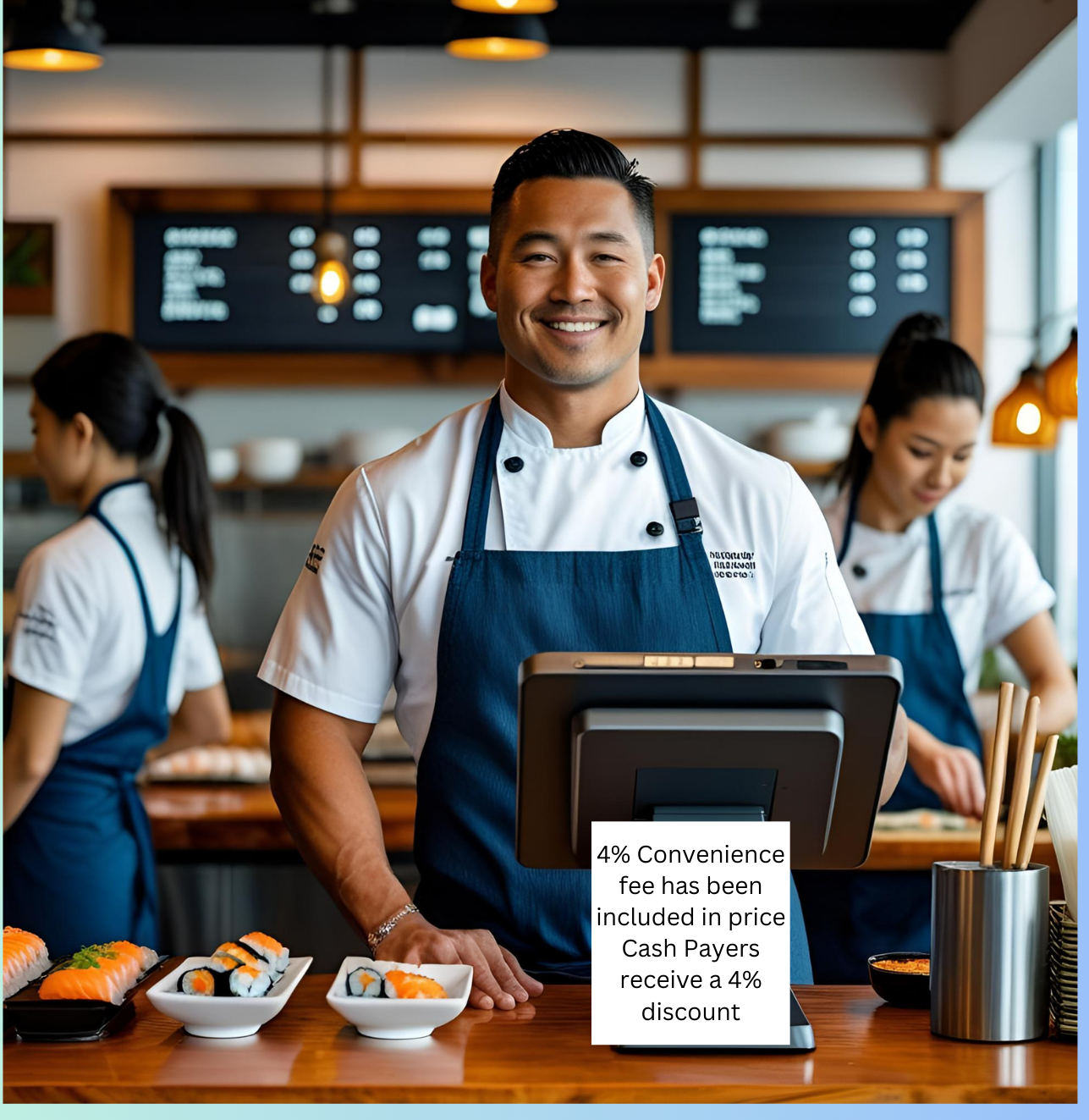 Happy sushi restaurant owner with staff behind the counter, illustrating how he saved $60,000 in credit card processing fees.