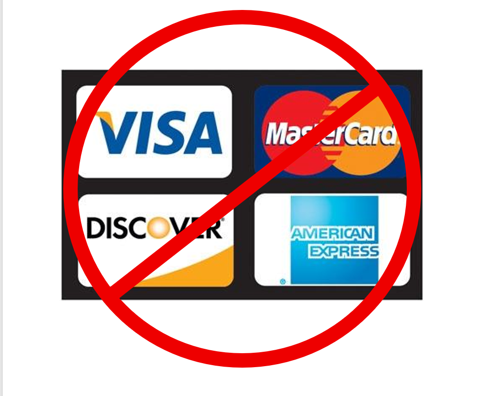 Visa, Mastercard, and Discover logos crossed out with a red checkmark, representing the Cash Discount Program that eliminates merchant credit card processing fees."